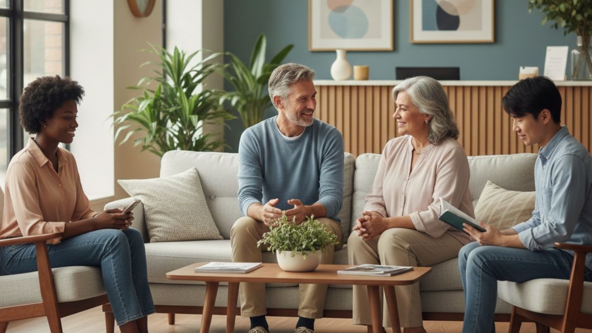 Diverse group of people in a warm, inviting therapy waiting area, smiling and looking hopeful.