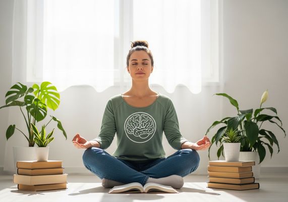 Woman Meditating with Brain Graphic