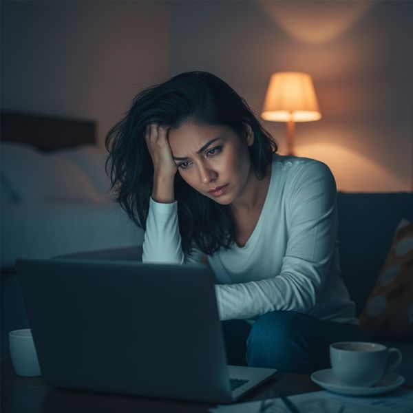 Woman looking tired and stressed with laptop at night Woman looking tired and stressed with laptop at night
