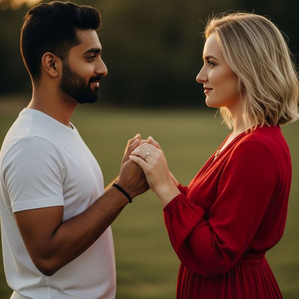 A diverse couple holding hands, illustrating intimacy and connection in a relationship.