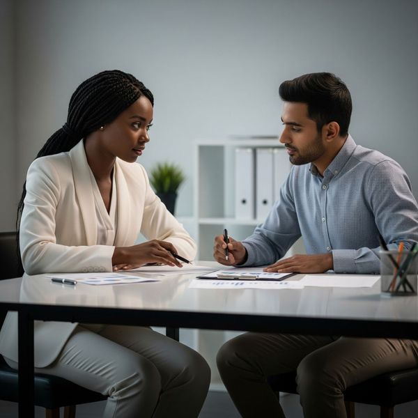 A diverse couple calmly discussing finances, representing common challenges addressed in counseling.