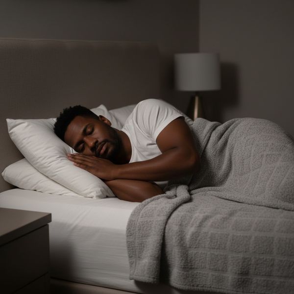 Man sleeping peacefully in a comfortable, dark bedroom.
