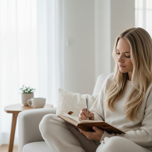 Woman calmly journaling her thoughts in a peaceful home setting.