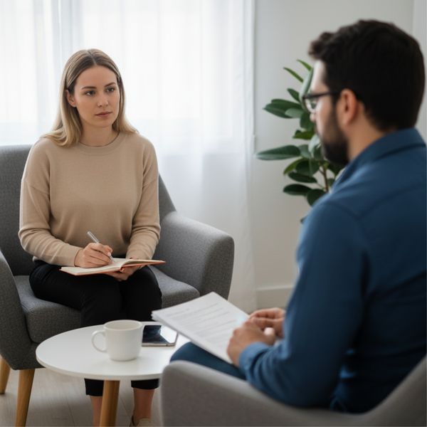 Woman calmly journaling her thoughts in a peaceful home setting.