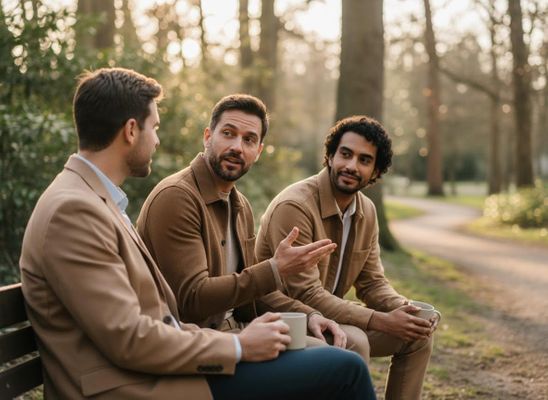 Three men talking and drinking coffee on a park bench
