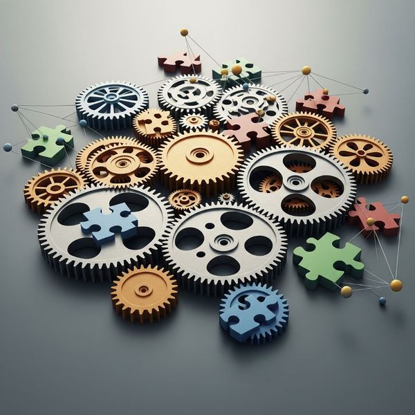 Interlocking gears, symbolizing integrated solutions and synergy.