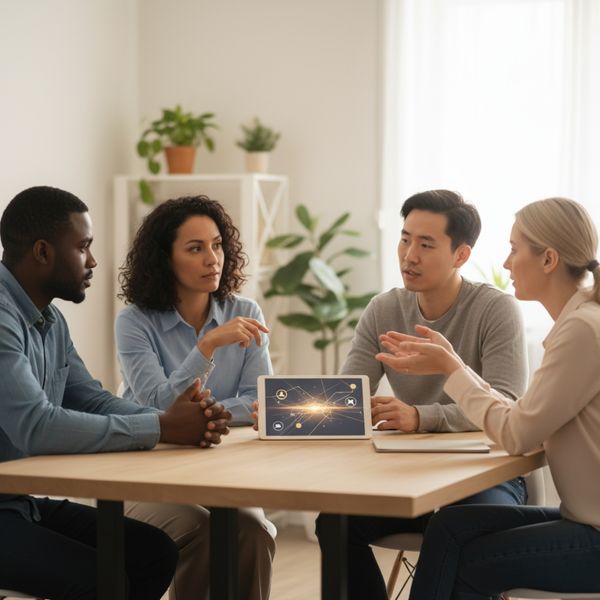 Diverse group discussing digital triggers calmly Diverse group discussing digital triggers calmly