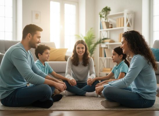 Family sitting in a circle at home