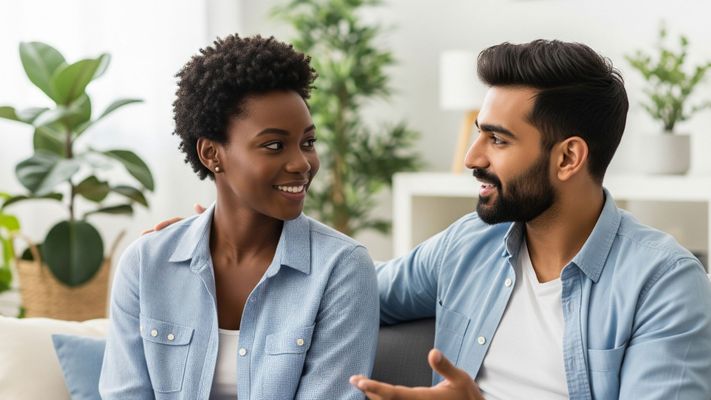 A diverse couple communicating in a supportive setting, representing effective relationship counseling.