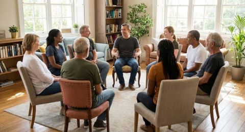 A diverse group of people sitting together in a supportive circle.
