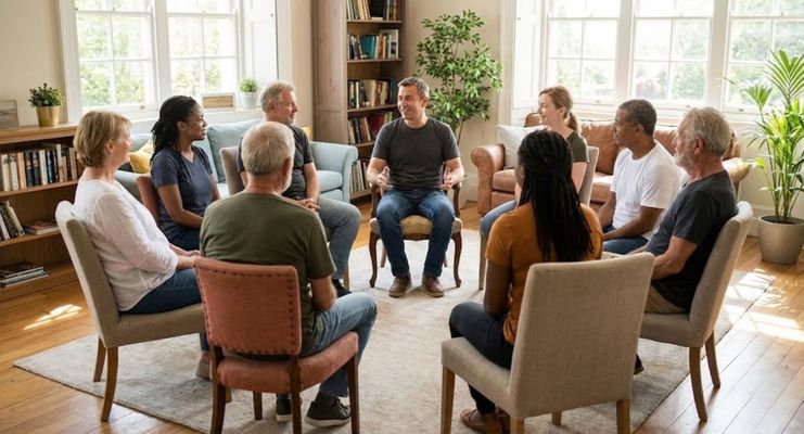 A diverse group of people sitting together in a supportive circle.