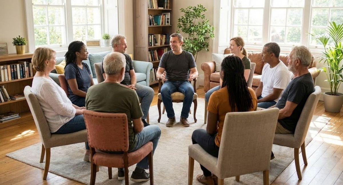 A diverse group of people sitting together in a supportive circle.