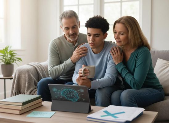 A supportive family looking at a tablet with a brain graphic and a "WELLNESS PLAN" on the table, indicating mental health support. Parents comforting a teen while viewing a mental wellness plan on a tablet