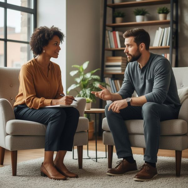 Therapist and client having a collaborative, focused discussion.