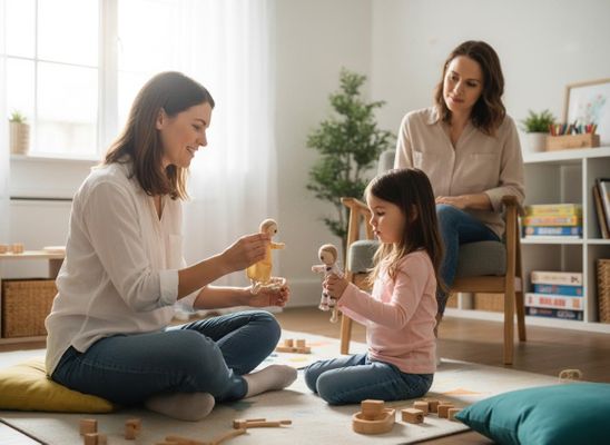 Adults and child playing with dolls