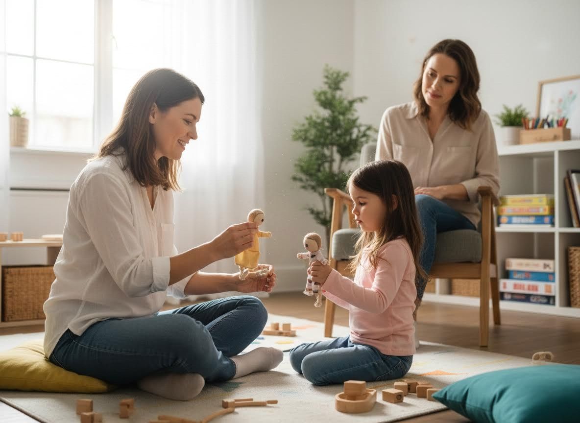 Adults and child playing with dolls