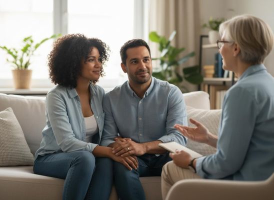 A diverse couple sits on a couch, attentively listening to a female therapist who is speaking during a counseling session. Diverse couple in a therapy session with a female counselor