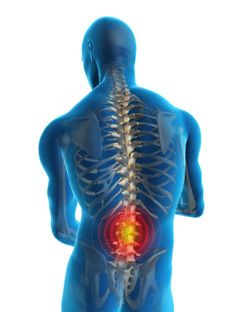 a rendering of a person's spine with a red pain point on the lower back