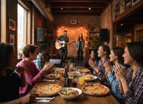 Friends enjoying live acoustic music and pizza at a restaurant