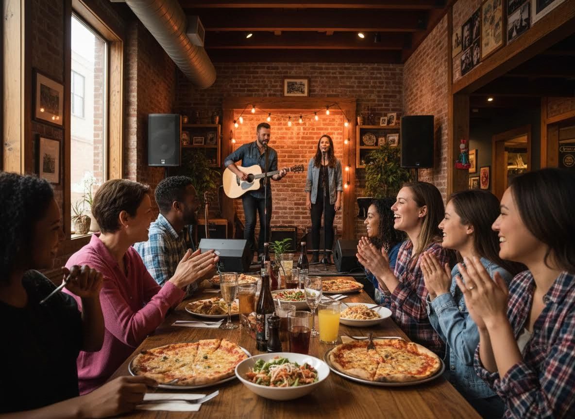 Friends enjoying live acoustic music and pizza at a restaurant