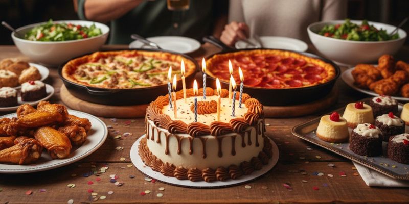 Birthday cake with lit candles surrounded by deep-dish pizzas, wings, salads, and mini cheesecakes on a festive table.