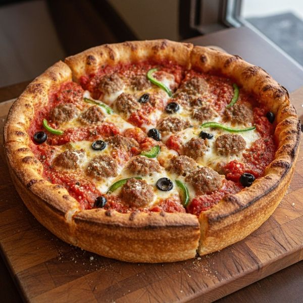 Close-up of a Chicago deep-dish pizza with meatballs, olives, and green peppers on a wooden cutting board. Close-up of a Chicago deep-dish pizza with meatballs, olives, and green peppers on a wooden cutting board.