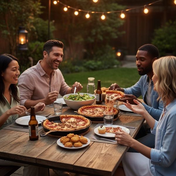 Diverse friends enjoying deep-dish pizza, salads, and drinks at a casual outdoor evening party lit by string lights. Diverse friends enjoying deep-dish pizza, salads, and drinks at a casual outdoor evening party lit by string lights.