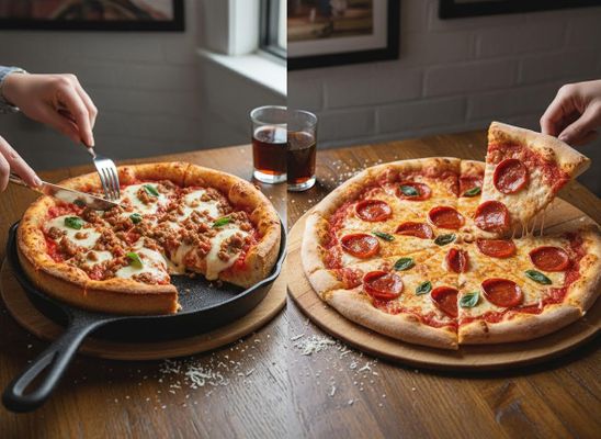 A deep-dish sausage pizza being cut and a pepperoni pizza with a slice lifted, showing a cheese pull, on a wooden table. Two Pizzas: Deep Dish Sausage and Thin Crust Pepperoni