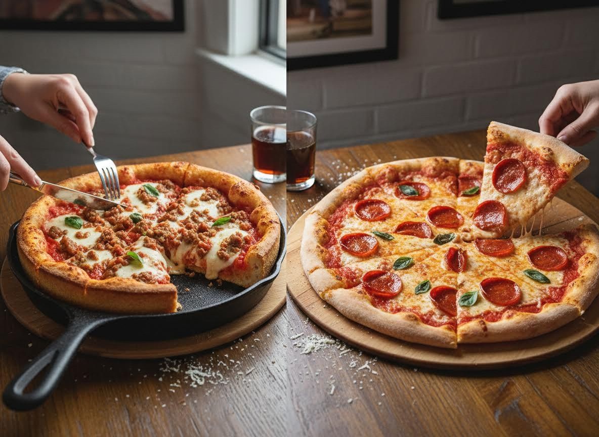 Two Pizzas: Deep Dish Sausage and Thin Crust Pepperoni