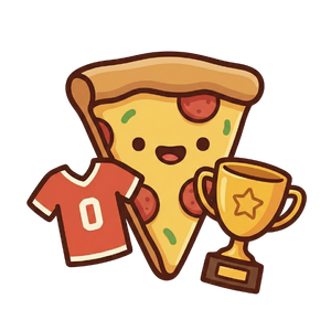 pizza holding jersey and trophy