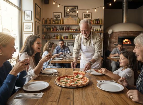 Family and friends enjoying pizza at a vibrant Italian restaurant