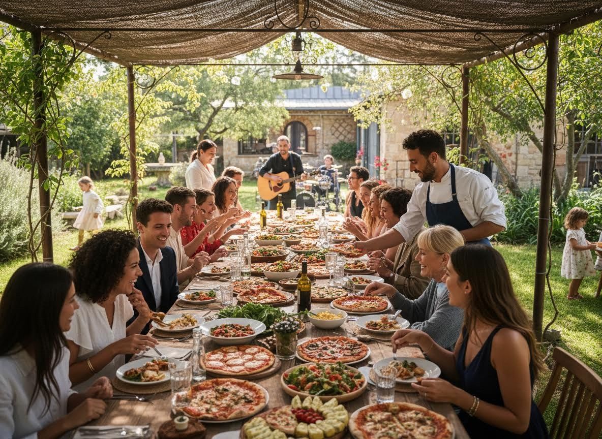 Outdoor Feast with Pizzas and Live Music