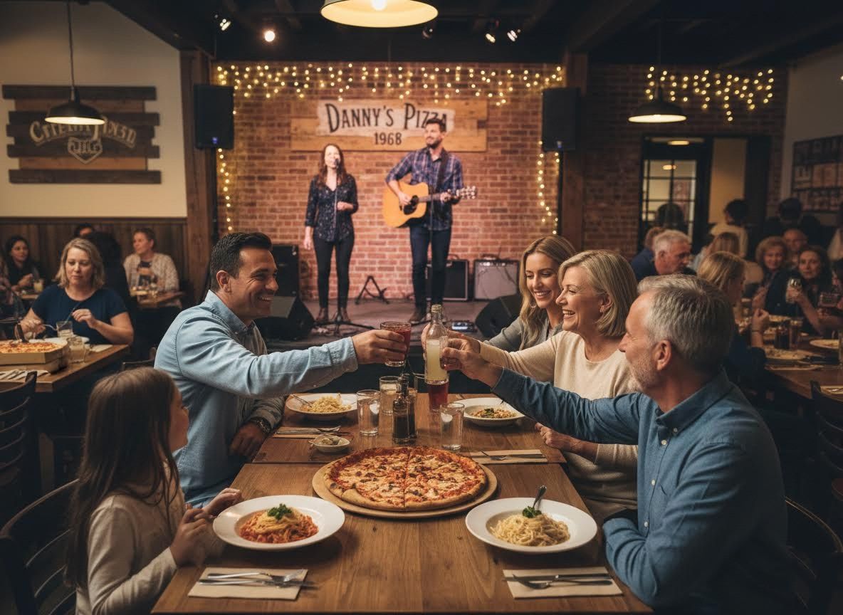 Family and friends enjoy pizza, pasta, and live music at a restaurant
