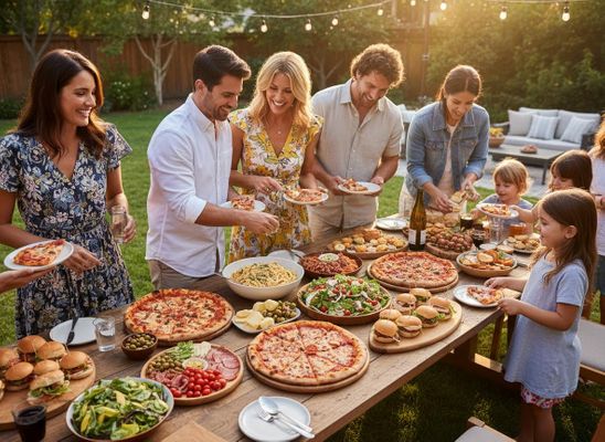 A diverse group of happy adults and children gather around a long table laden with pizzas, pasta, salads, and burgers at an outdoor evening party. People Enjoying an Outdoor Pizza Dinner Party