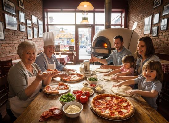 A happy family making pizzas together in a restaurant