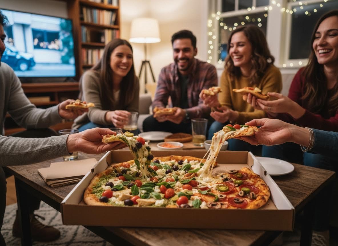 Friends sharing a large pizza