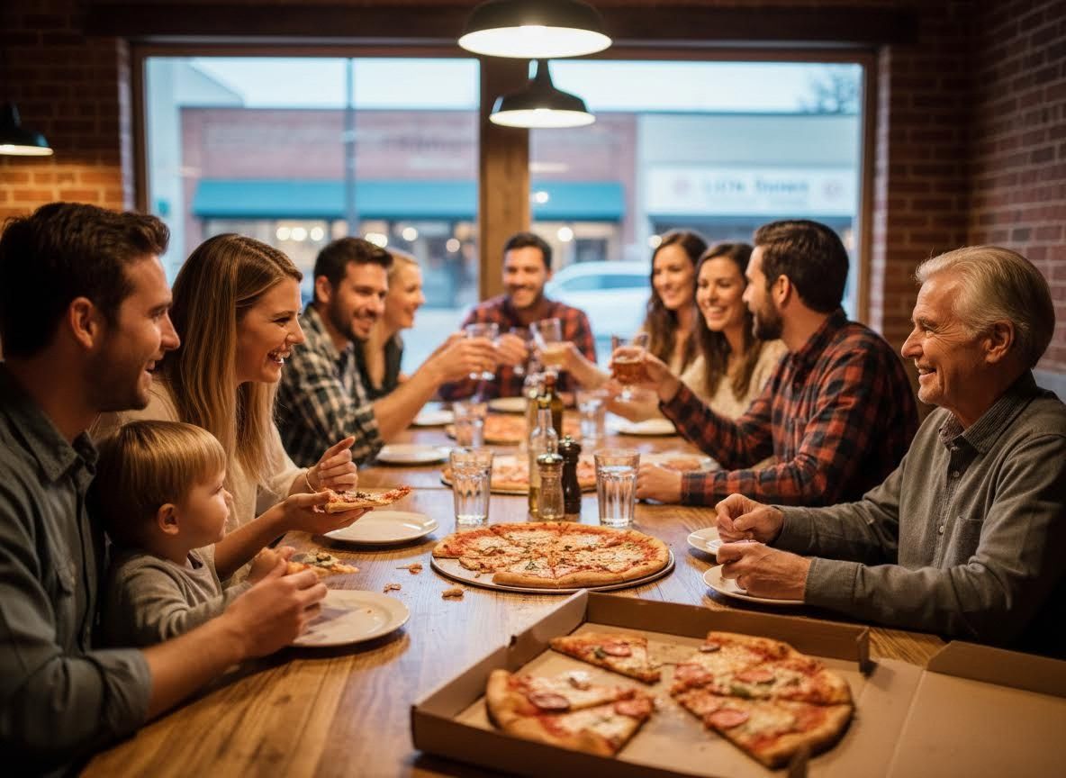Family and friends happily sharing pizza and drinks at a restaurant