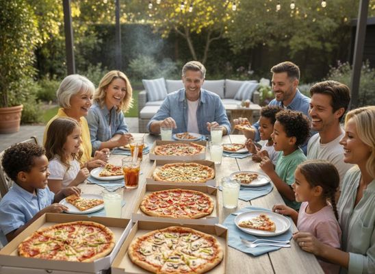 Multi-generational family and friends enjoying an outdoor pizza party