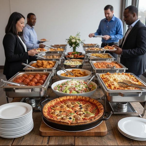 Diverse group of people serving themselves from a large, professional catering buffet with deep-dish pizza, pasta, salads, and meatballs. Diverse group of people serving themselves from a large, professional catering buffet with deep-dish pizza, pasta, salads, and meatballs.