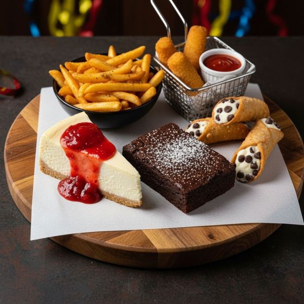 Dessert and appetizer platter featuring cheesecake, chocolate brownie, cannolis, french fries, and mozzarella sticks. Dessert and appetizer platter featuring cheesecake, chocolate brownie, cannolis, french fries, and mozzarella sticks.