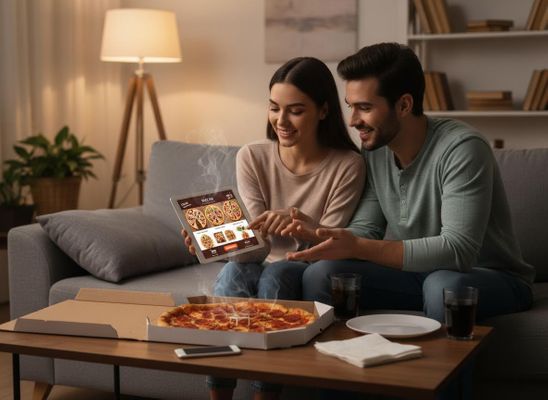 Happy couple on a sofa choosing pizzas on a tablet, with a hot pizza and drinks on the coffee table. Couple ordering pizza online at home