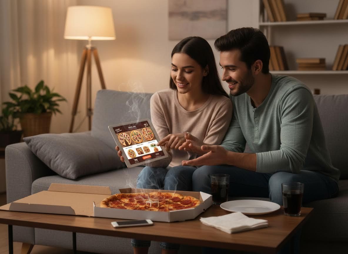 Couple ordering pizza online at home