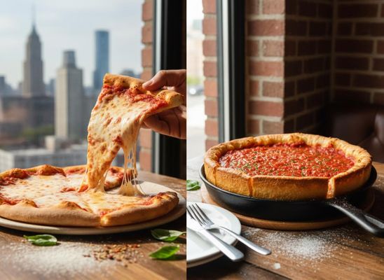 A split image showing a hand lifting a cheesy New York-style pizza slice with a city skyline, and a deep-dish Chicago pizza in a pan. New York and Chicago Pizza Styles