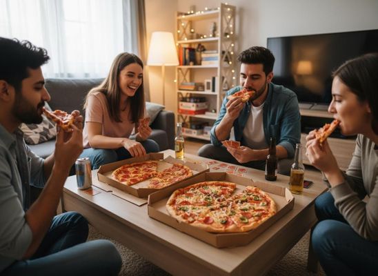 Four friends gather around a coffee table in a living room, eating slices of pizza from two boxes, drinking, and playing cards, enjoying a casual evening together. Friends eating pizza and playing cards at home