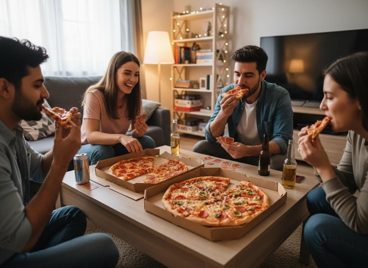 Friends eating pizza and playing cards at home