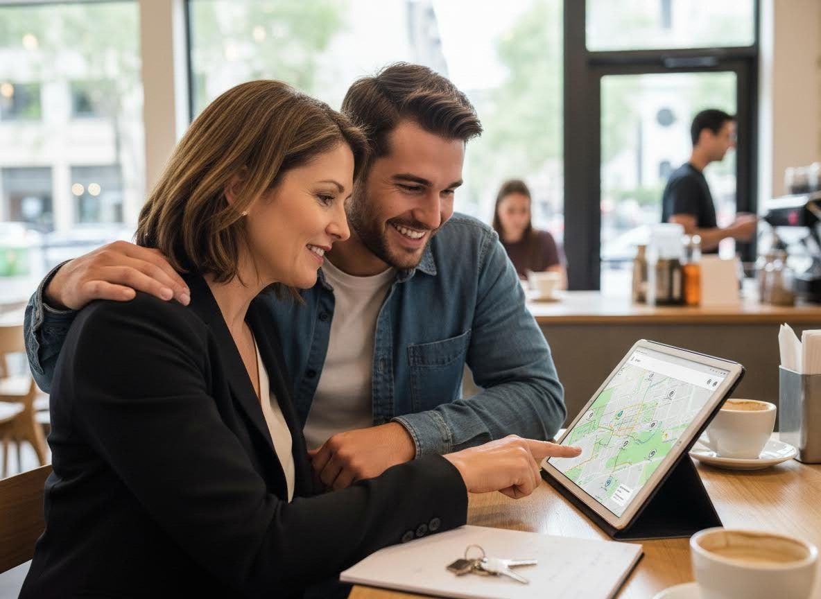 Couple using tablet with map in cafe
