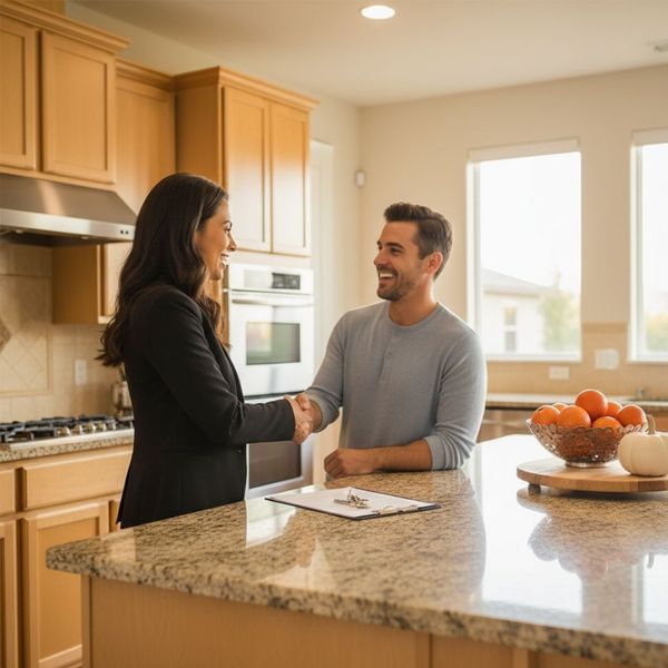 A professional, stock image of a confident, professional real estate agent shaking hands with a client in a bright, modern kitchen