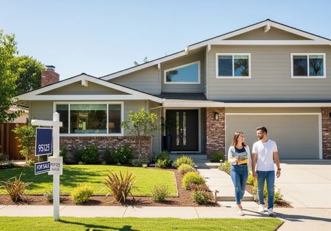 Young couple viewing suburban home for sale