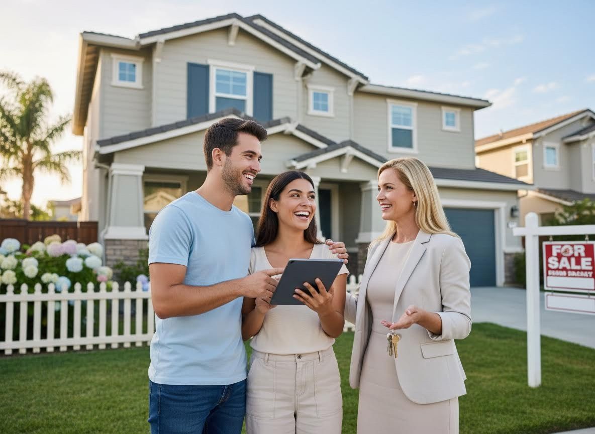 Happy Couple and Real Estate Agent Discussing Home