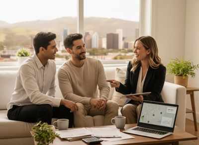 A female real estate agent shows property listings on a tablet to two male clients in a modern living room with a city view. Real Estate Agent Meeting with Clients